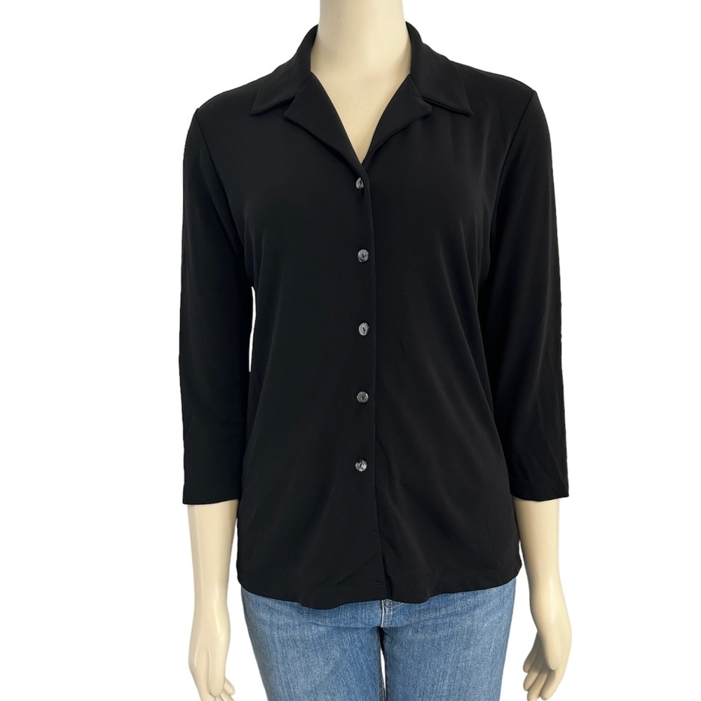 Apostrope Black Button Front 3/4 Sleeve Top Womens‎ Small 6-8.